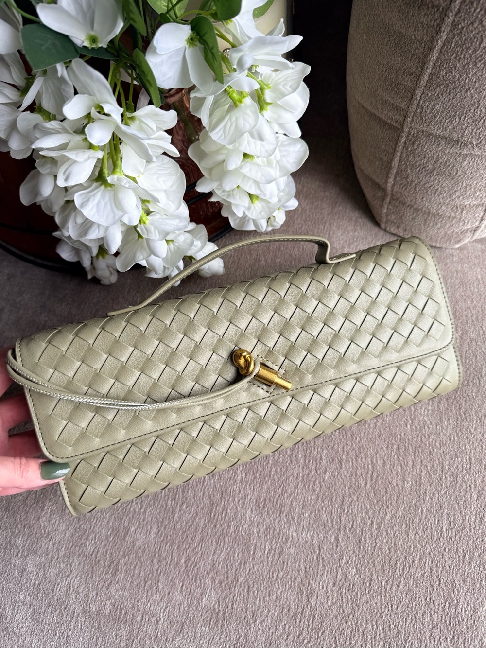 Woven Top-Handle Shoulder Bag in Light Olive Green with Gold Hardware